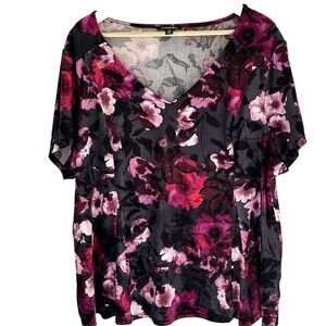 Roz & Ali Velvet Top Size 3x V-Neck Floral Short Sleeve Shirt Jewel Tones